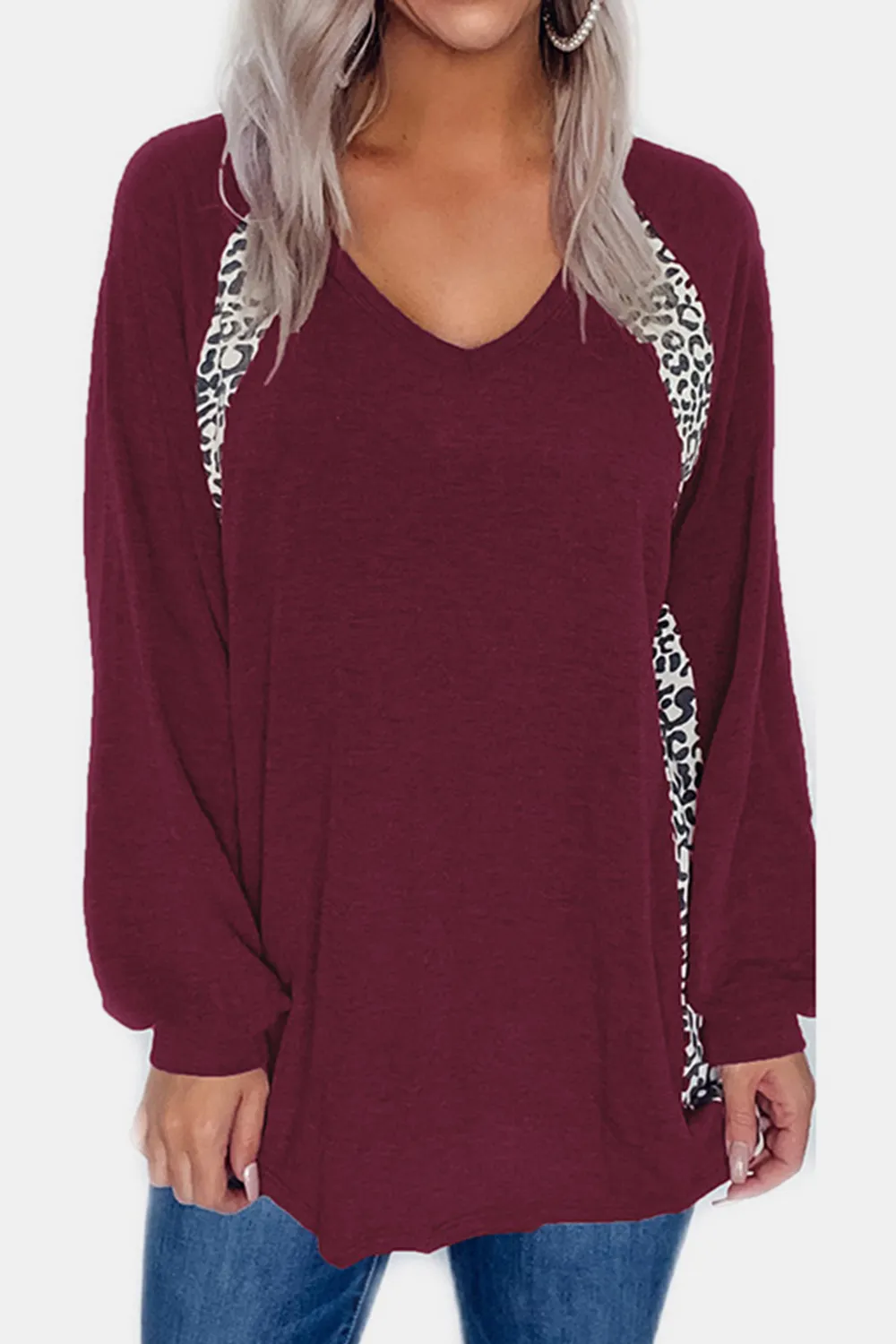 Full Size Leopard V-Neck Long Sleeve T-Shirt, image 11