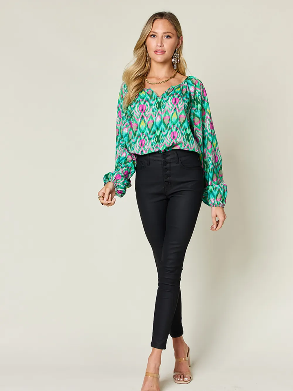 Full Size Printed Balloon Sleeve Blouse, image 4