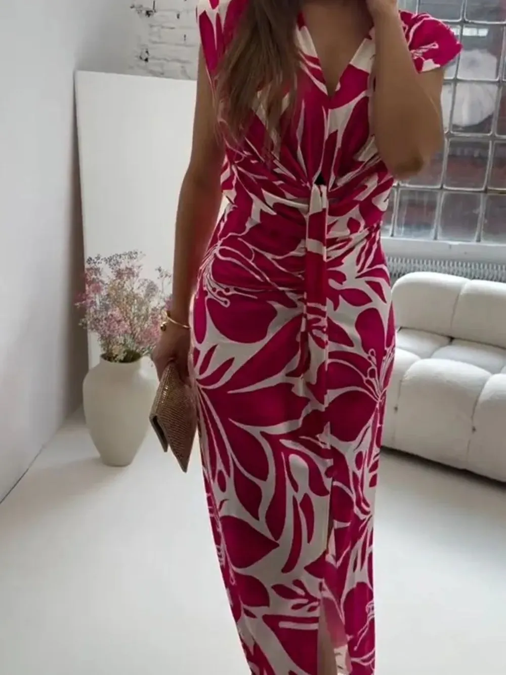 Full Size Slit Printed V-Neck Midi Dress Plus Size, image 9