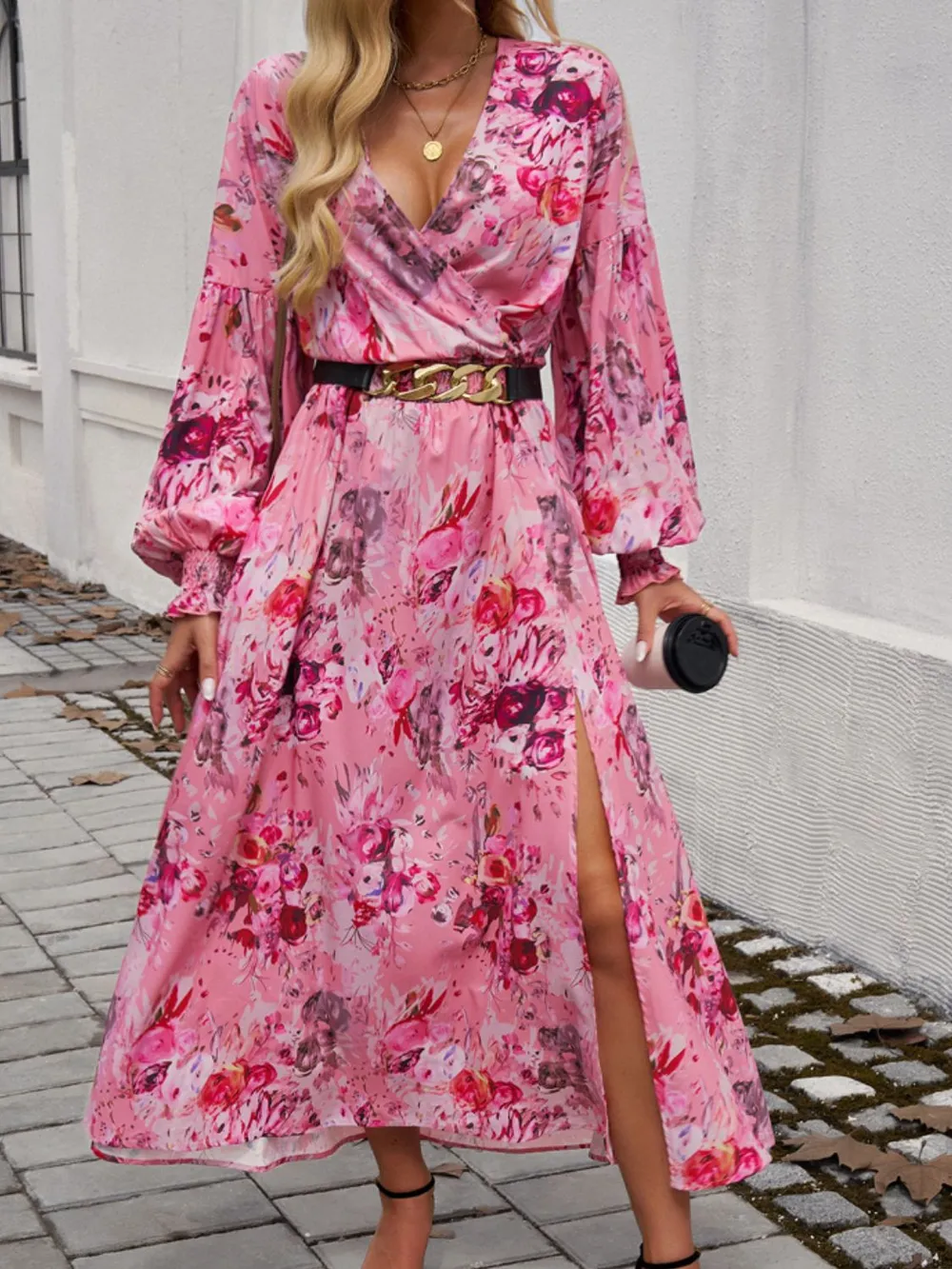 Split Printed Surplice Long Sleeve Midi Dress, image 12
