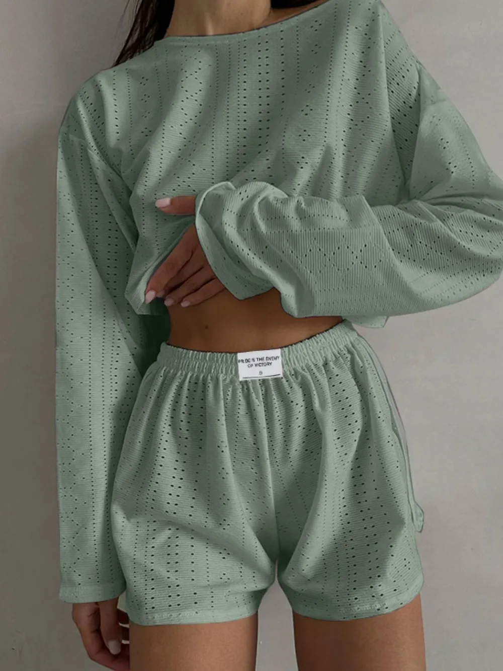 Eyelet Round Neck Top and Shorts Set, image 3