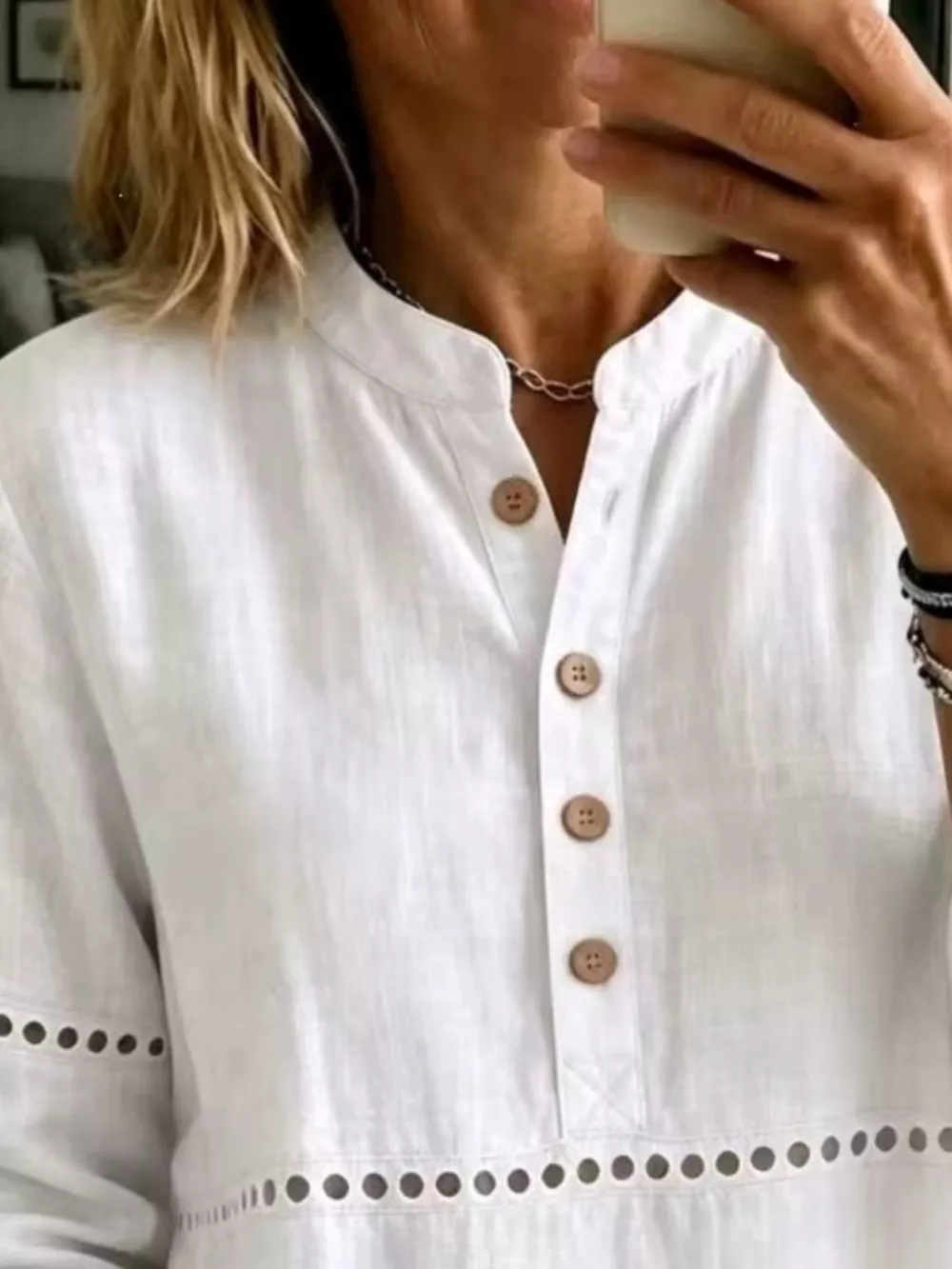Full Size Button Detail Eyelet Long Sleeve Blouse Plus Size, image 3