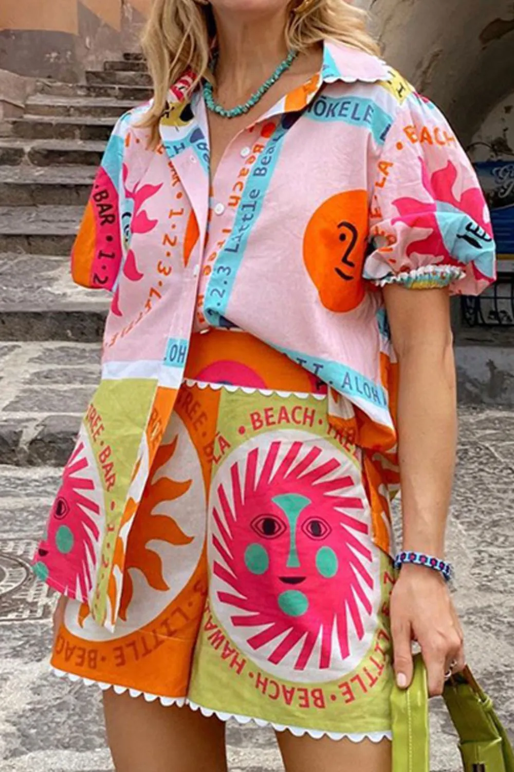 Printed Button Down Shirt and Shorts Set, image 2