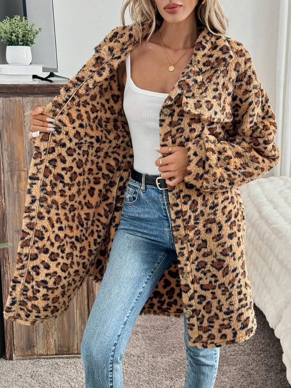 Leopard Button Up Long Sleeve Fuzzy Coat, image 2