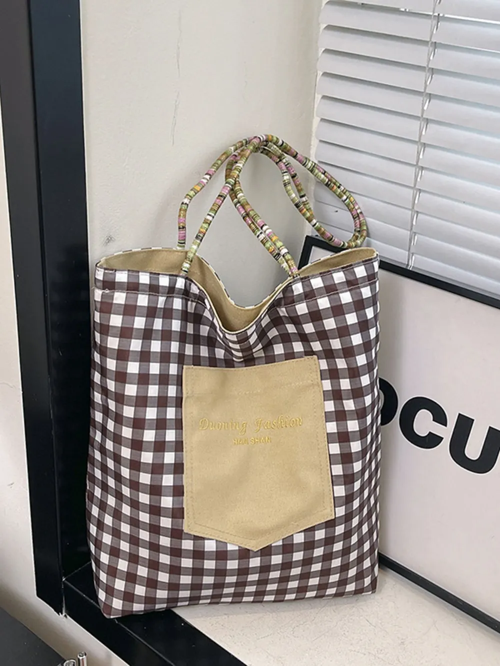 Gingham Pattern Tote Bag, image 9