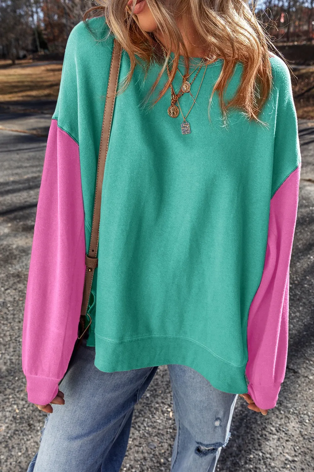 Contrast Round Neck Long Sleeve Sweatshirt, image 3