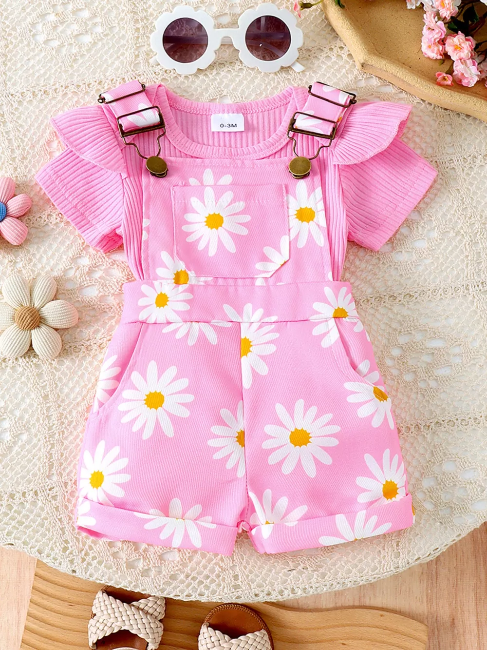 Children's Ruffle Trim Ribbed Top and Daisy Overalls Set, image 2