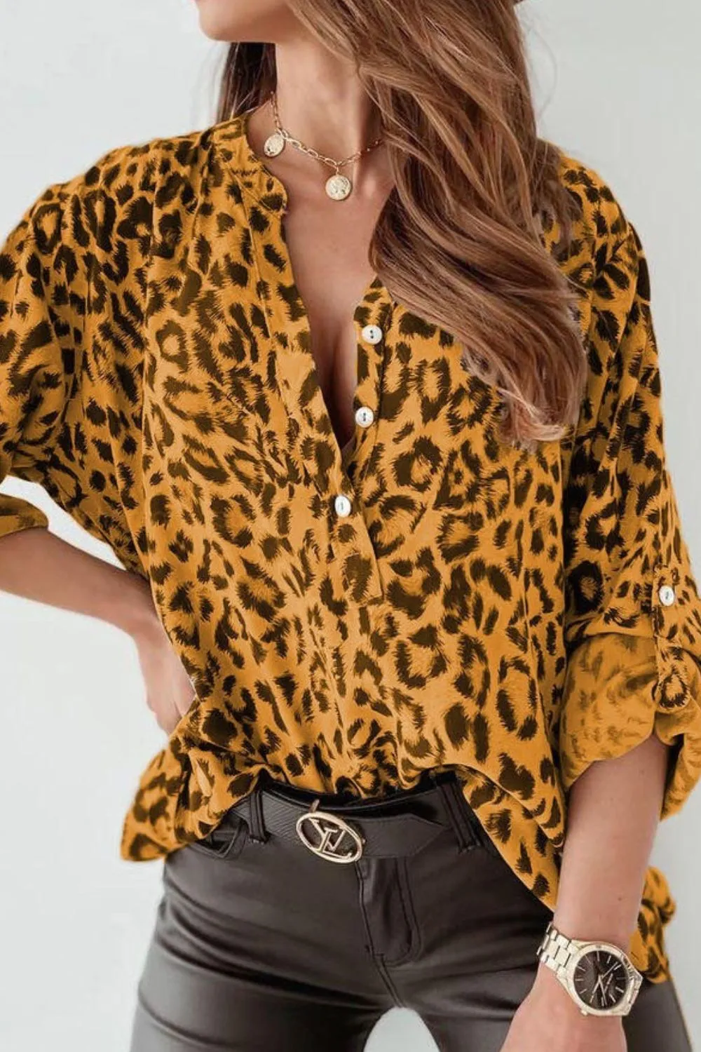Leopard Button Detail Notched Long Sleeve Blouse, image 4