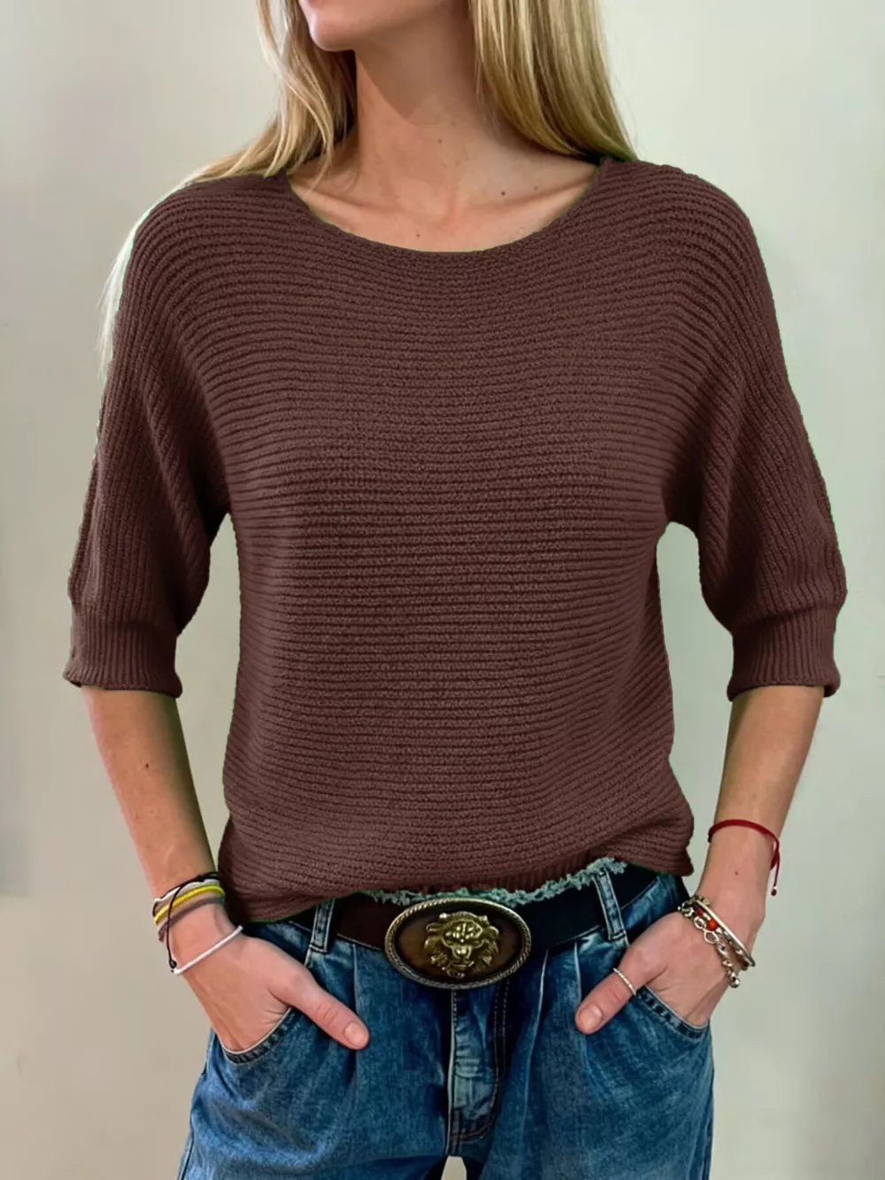 Full Size Ribbed Knit Round Neck Sweater Plus Size, image 4