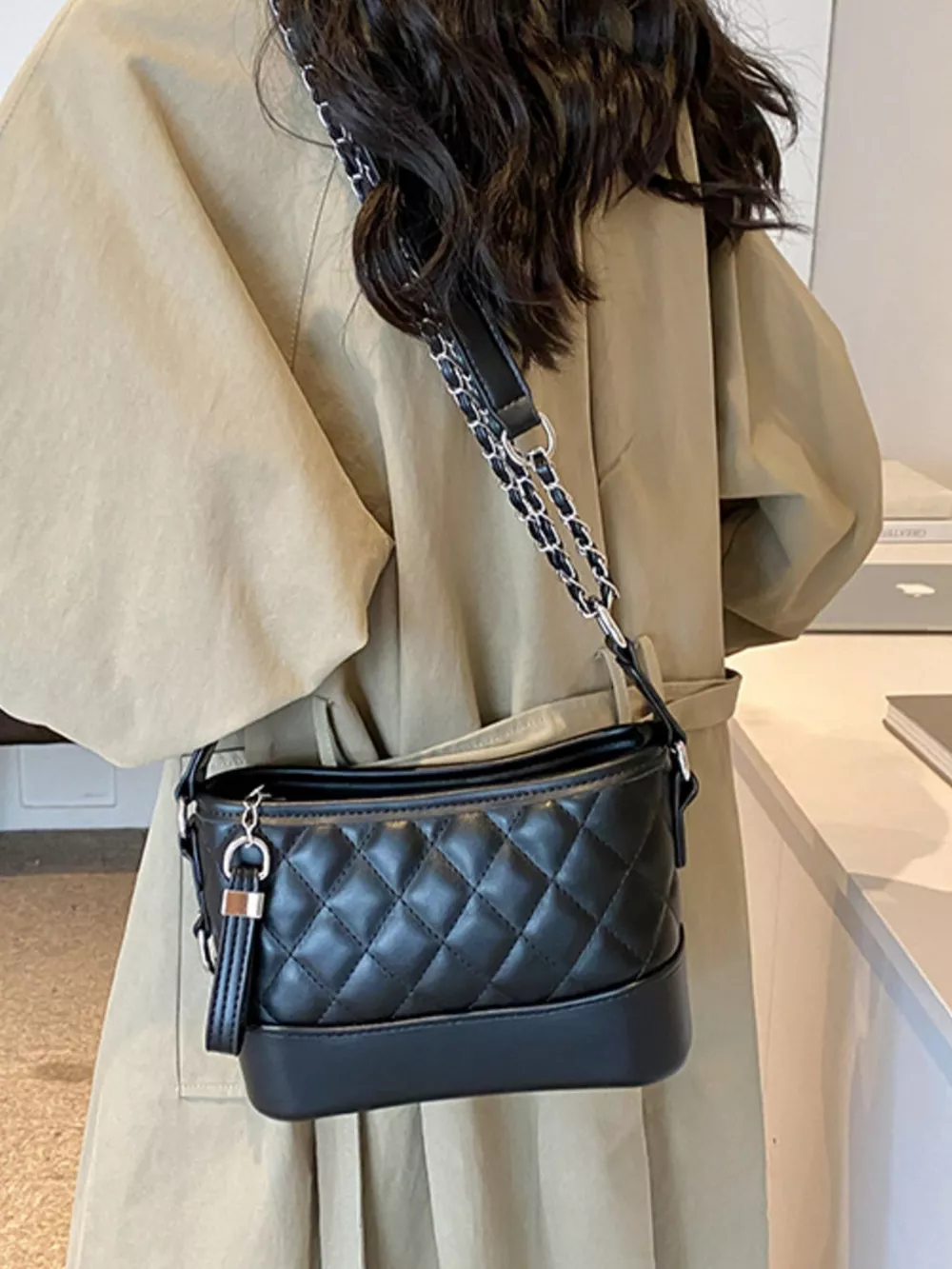 Quilted Bucket Crossbody Bag with Chain Strap, image 5