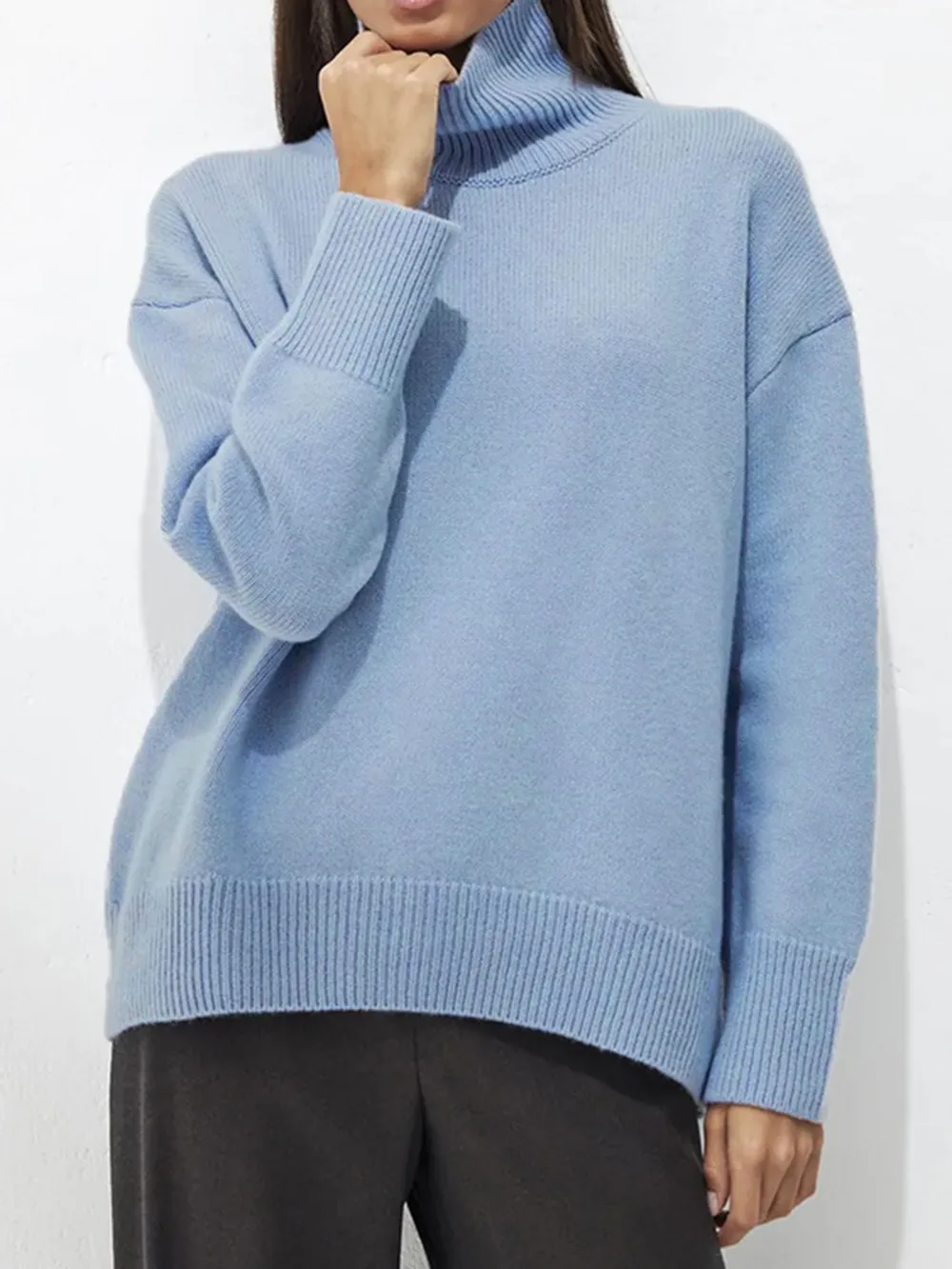 Ribbed Detail Turtleneck Dropped Shoulder Sweater, image 21