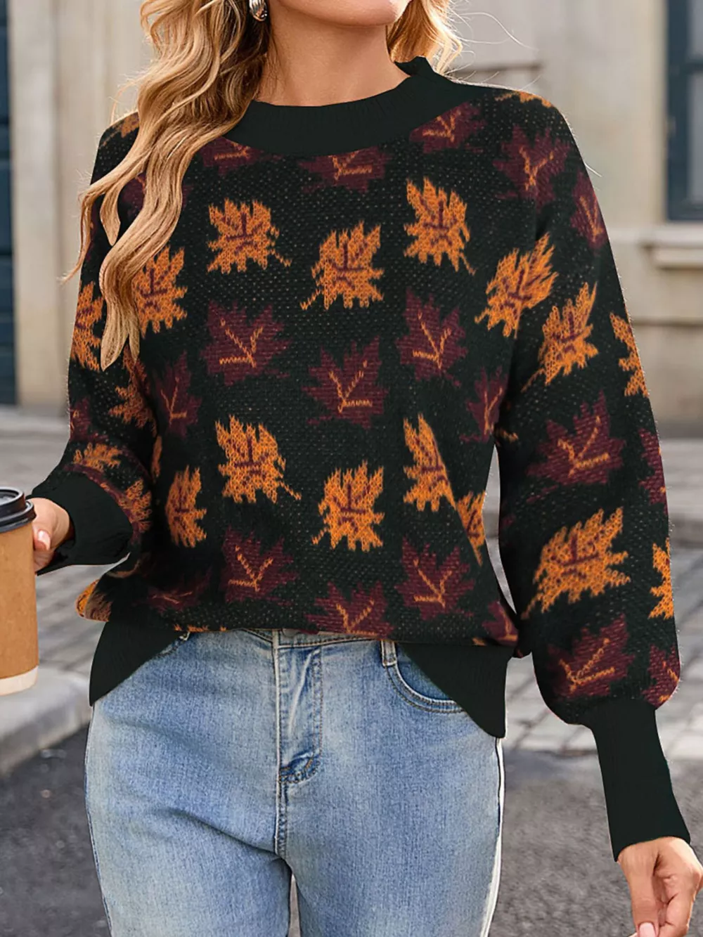 Autumn Leaf Pattern Mock Neck Sweater, image 2