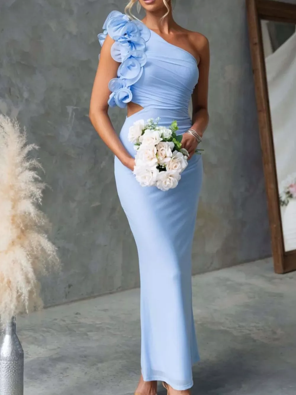 One-Shoulder Floral Trim Sleeveless Maxi Dress, image 4
