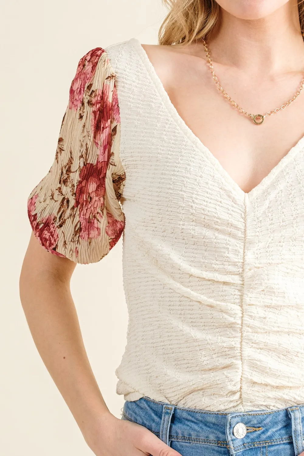 Full Size Floral Print Textured Sleeve Knit Top, image 2