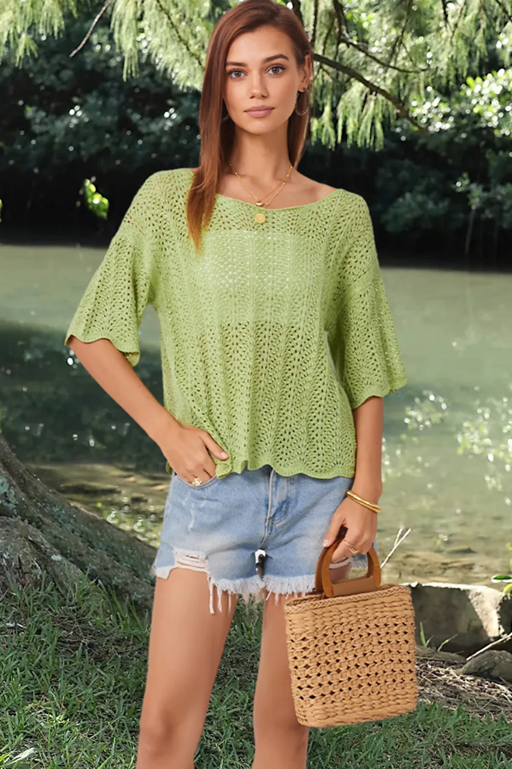 Openwork Round Neck Half Sleeve Knit Top, image 10