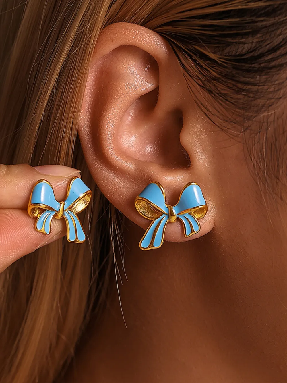 Stainless Steel Oil Drip Bow Stud Earrings, image 2