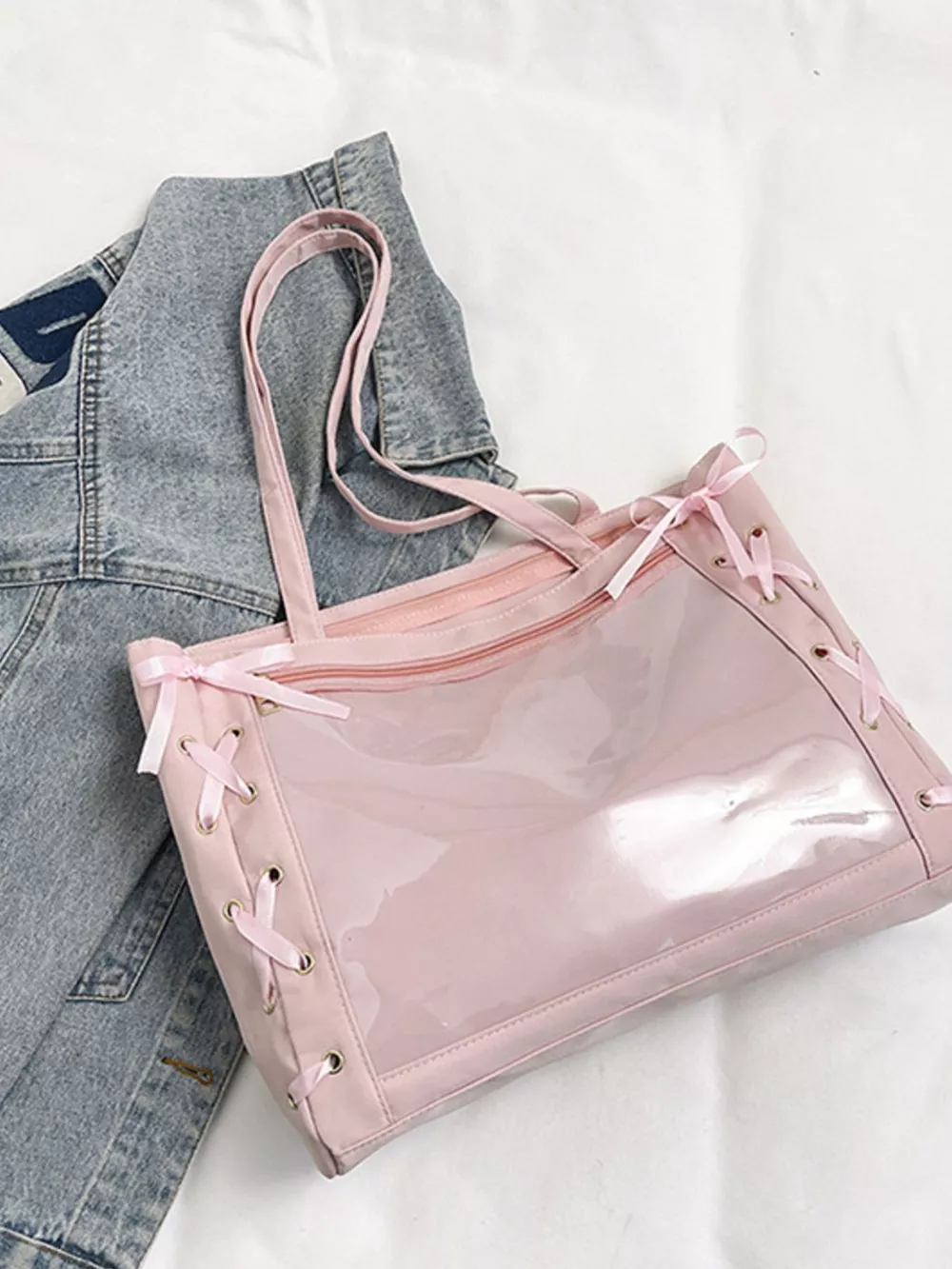 Lace-Up Trim Clear Panel Shoulder Bag, image 10