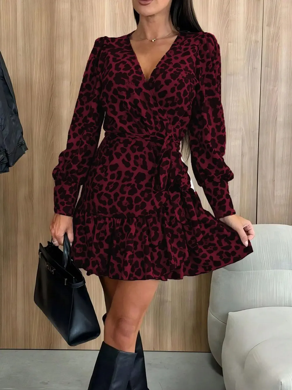 Tied Leopard Surplice Long Sleeve Dress, image 6