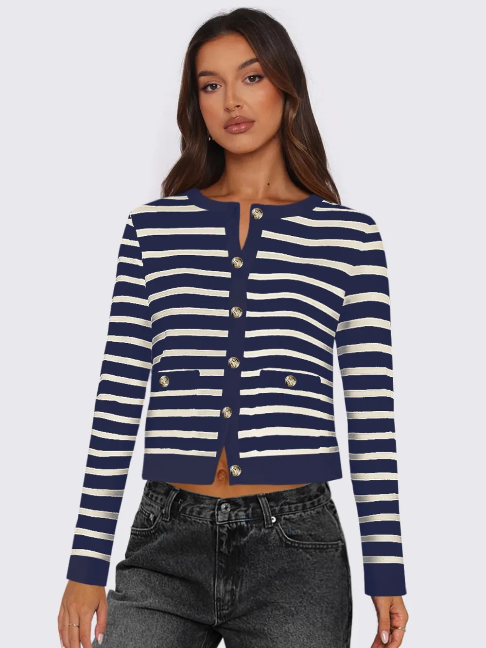 Striped Round Neck Button Up Long Sleeve Cardigan, image 8