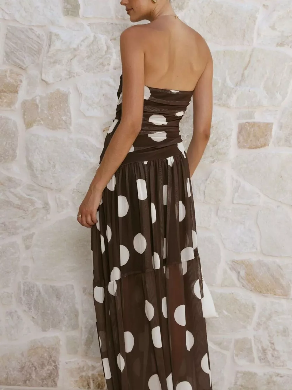 Polka Dot Strapless Ruched Maxi Dress, image 2