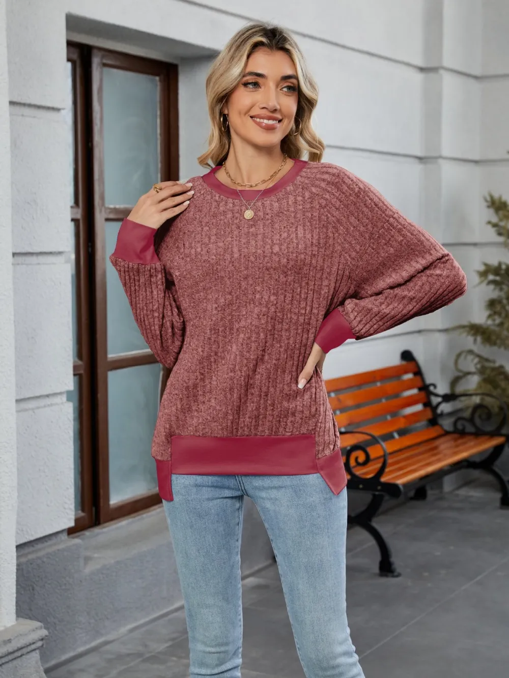 Contrast Trim Round Neck Long Sleeve T-Shirt, image 21