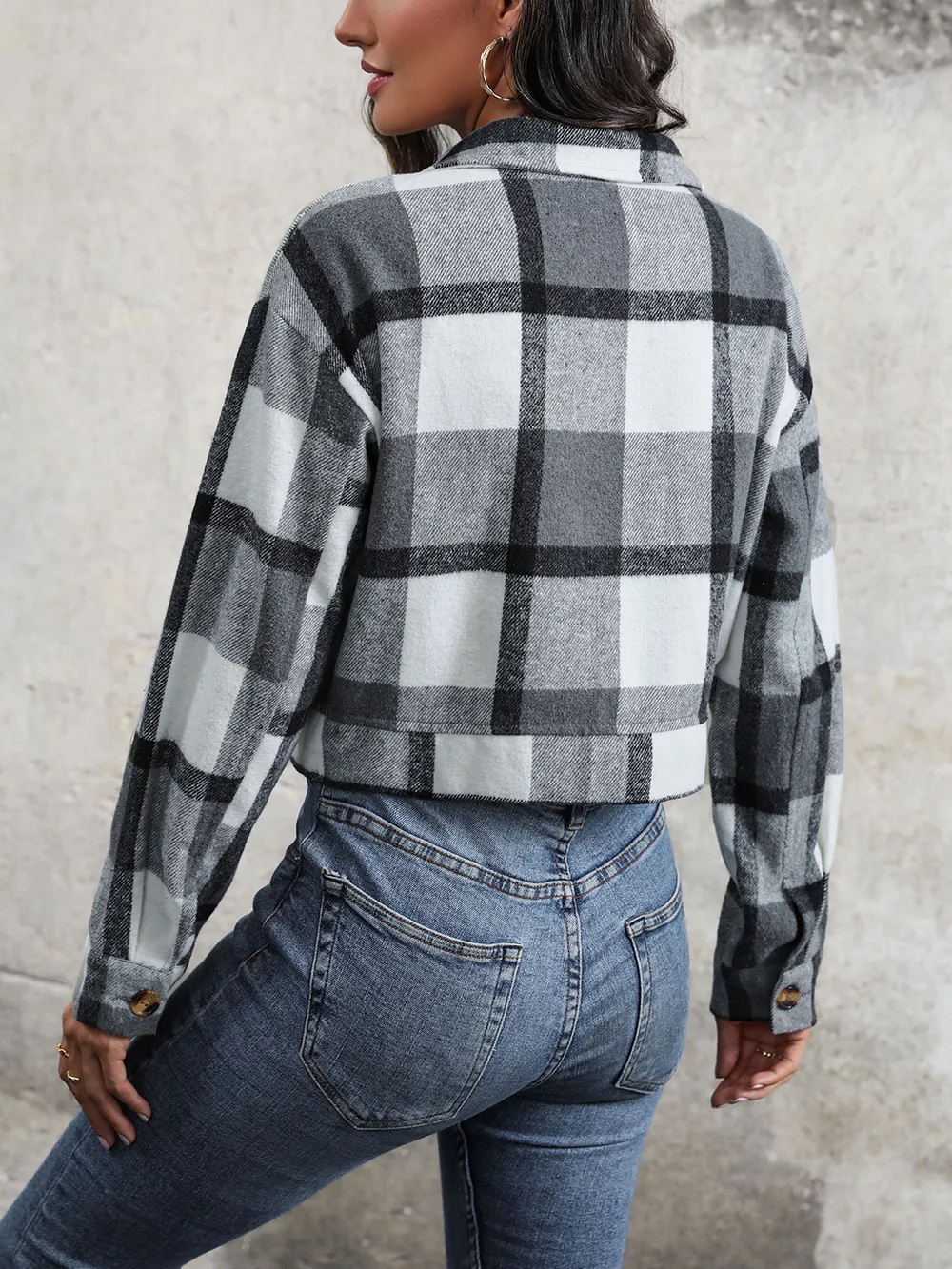 Plaid Button Up Drop Shoulder Cropped Jacket, image 3