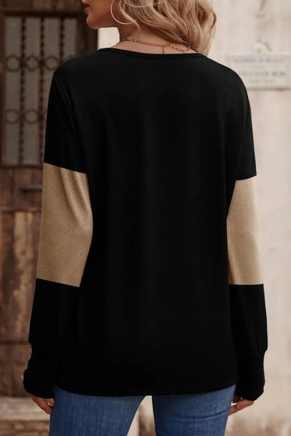 Decorative Button Contrast V-Neck Long Sleeve T-Shirt, image 5