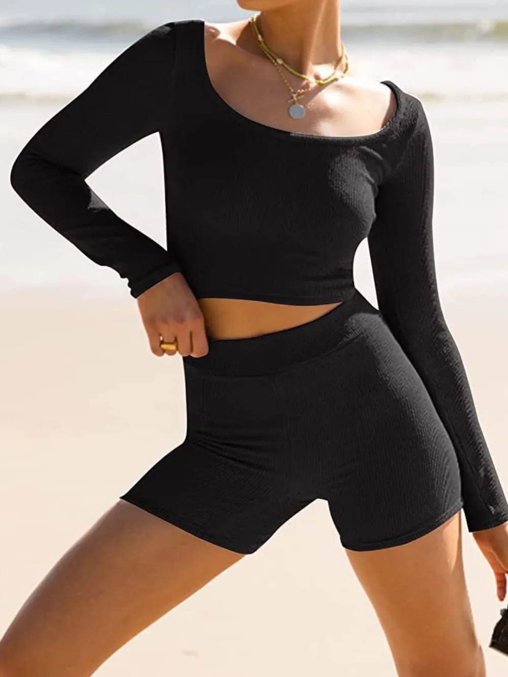 Scoop Neck Long Sleeve Top and Shorts Set, image 6