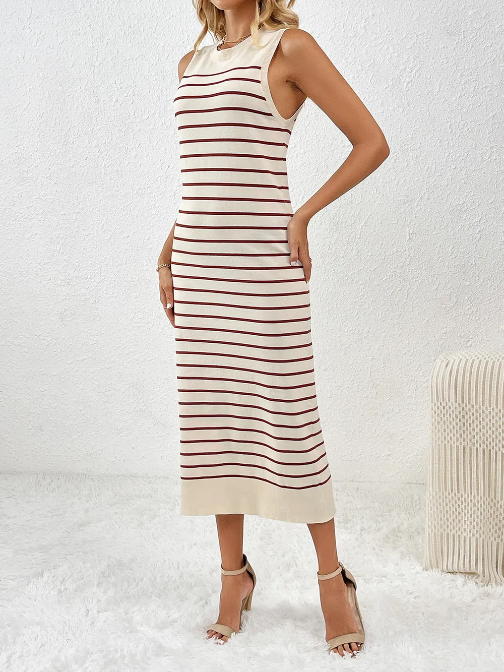 Round Neck Sleeve Midi Knit Dress, image 5
