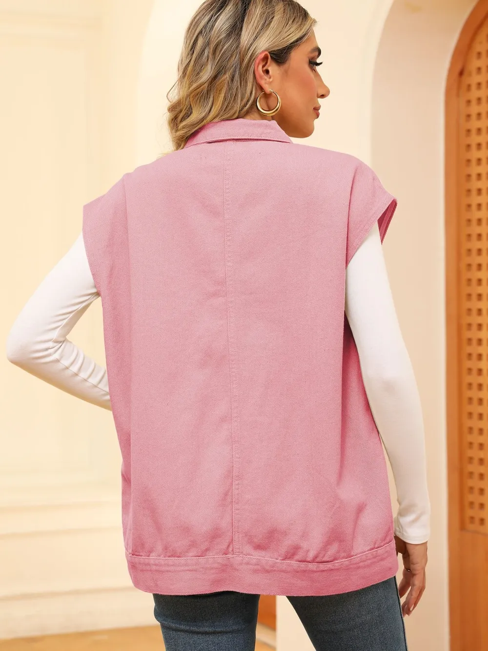 Pocketed Button Up Sleeveless Denim Jacket, image 3