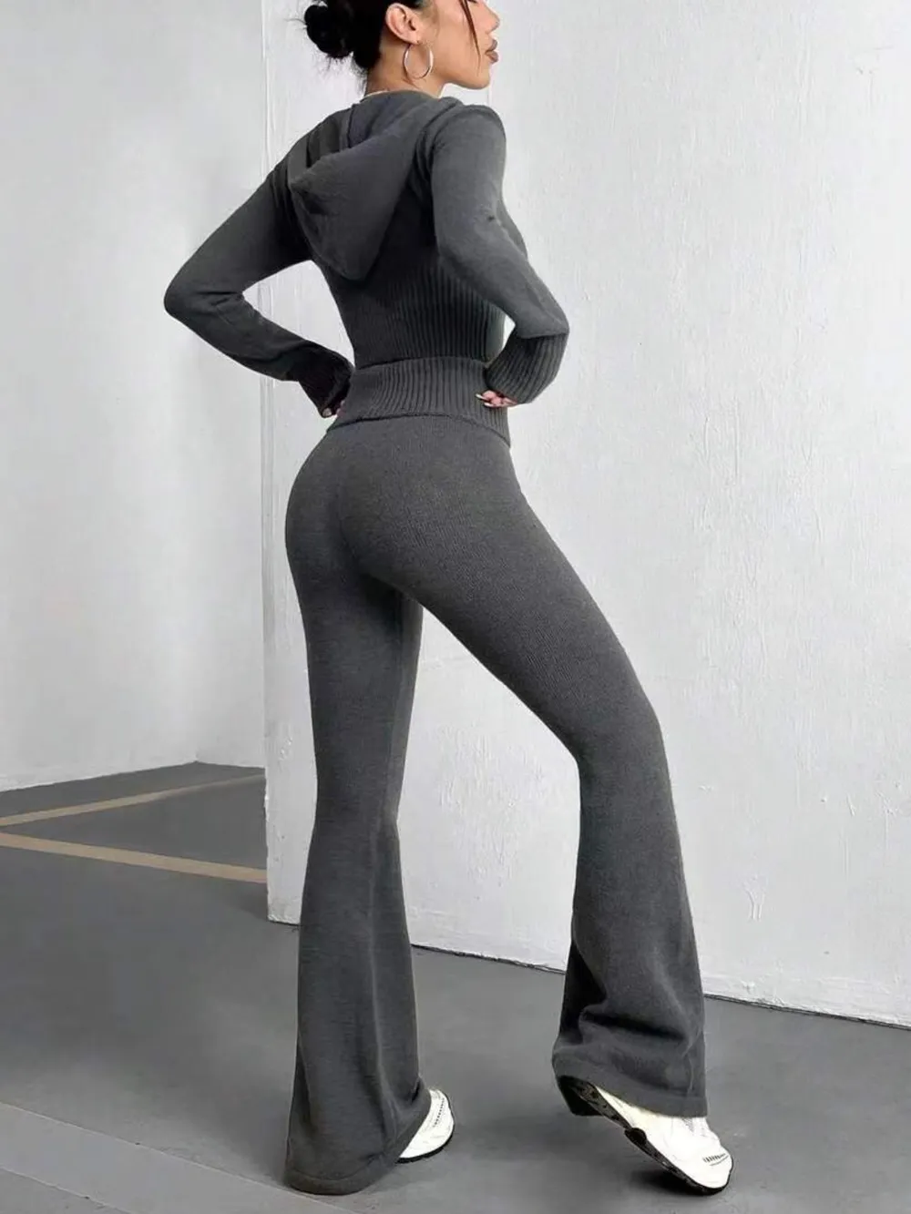 Zip Up Hooded Top and Flare Pants Sweater Set, image 2