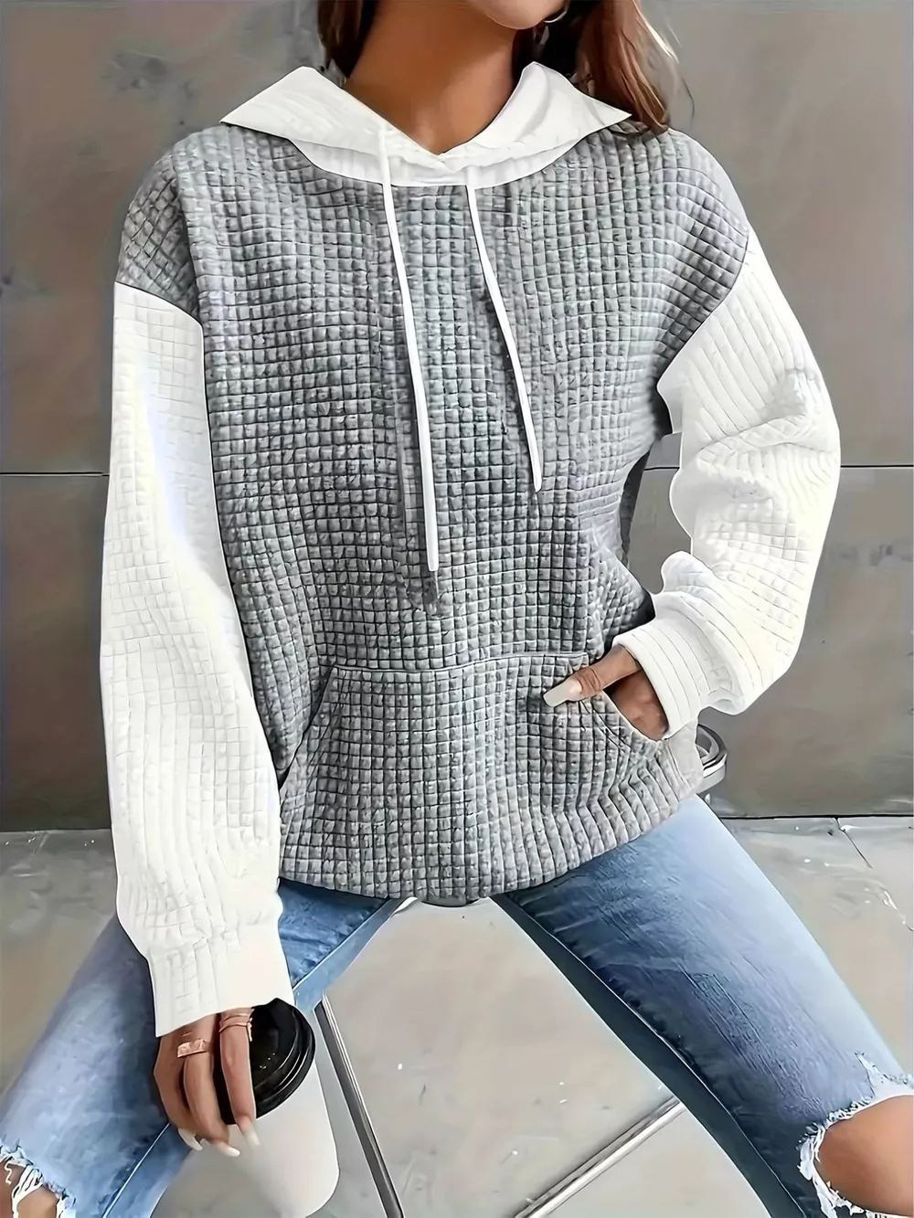 Full Size Textured Kangaroo Pocket Hoodie Plus Size, image 3