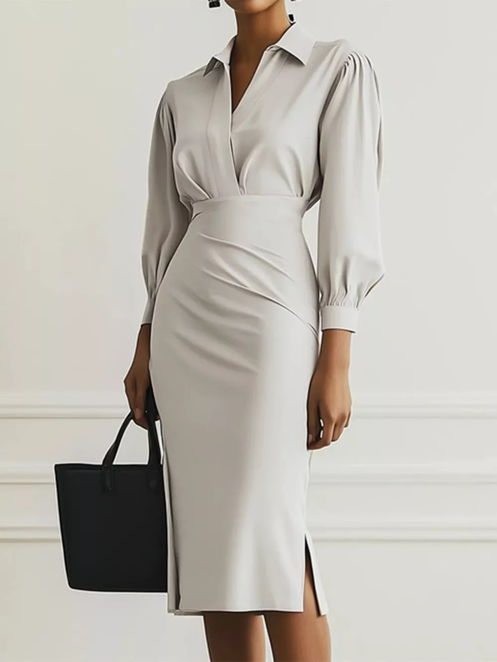Ruched Midi Shirt Dress with Side Slit, image 4
