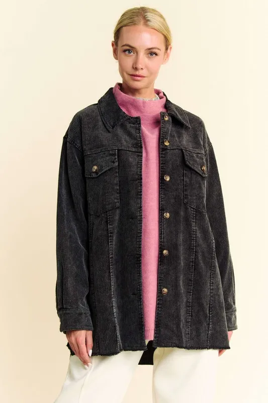 Washed Corduroy Raw Hem Button Up Jacket, image 2