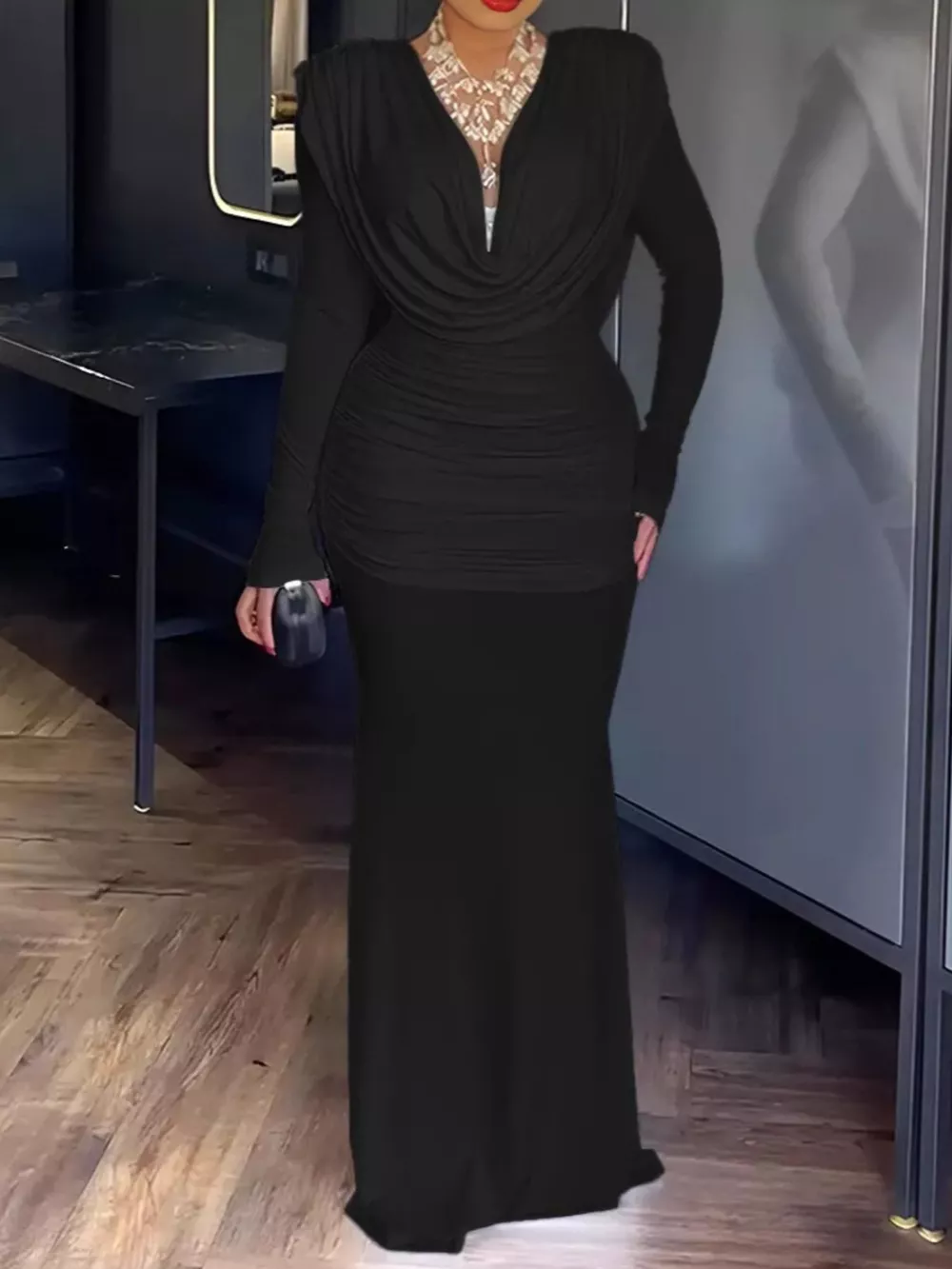 Ruched Long Sleeve Maxi Dress