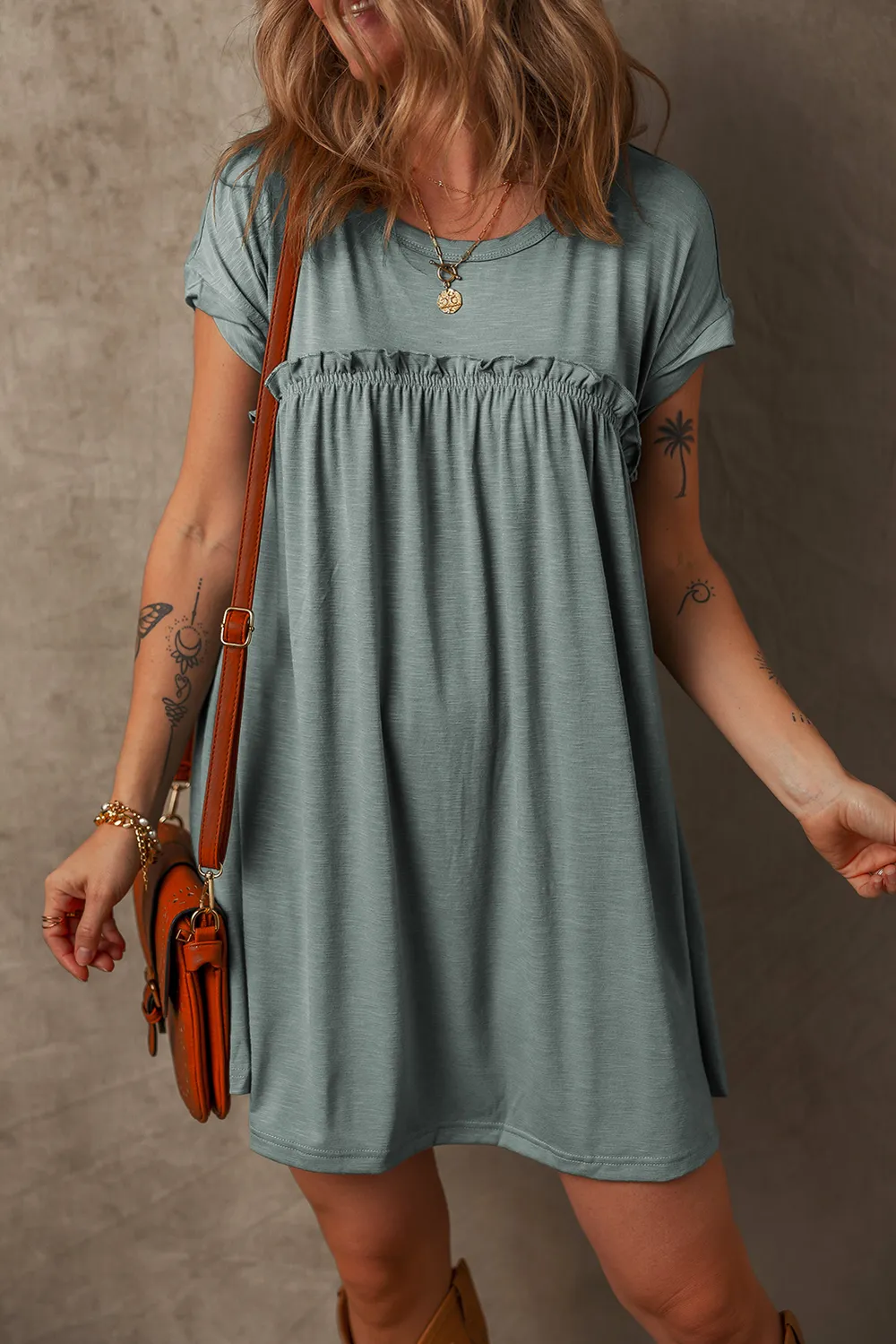 Frilled Gathered Seam Round Neck T Shirt Dress, image 2
