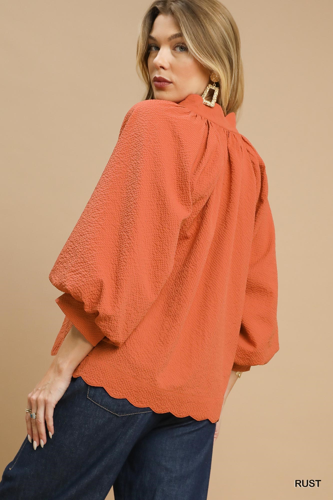Textured Notched Balloon Sleeve Blouse with Scalloped Hem, image 2