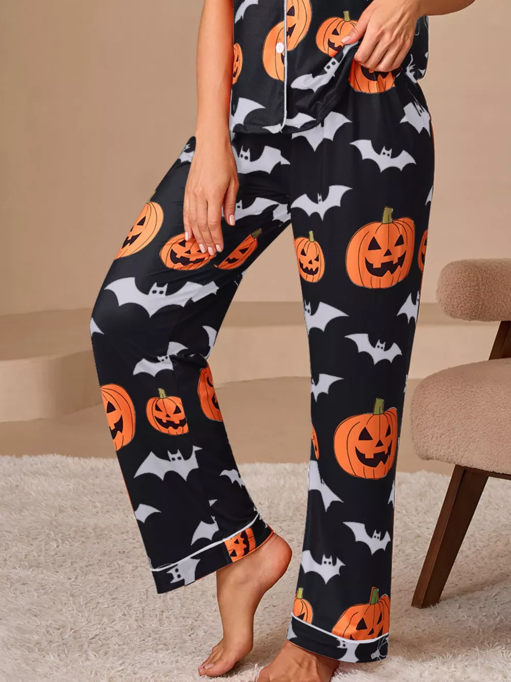 Halloween Pumpkin and Bat Print Button-Down Top and Pants Lounge Set, image 11