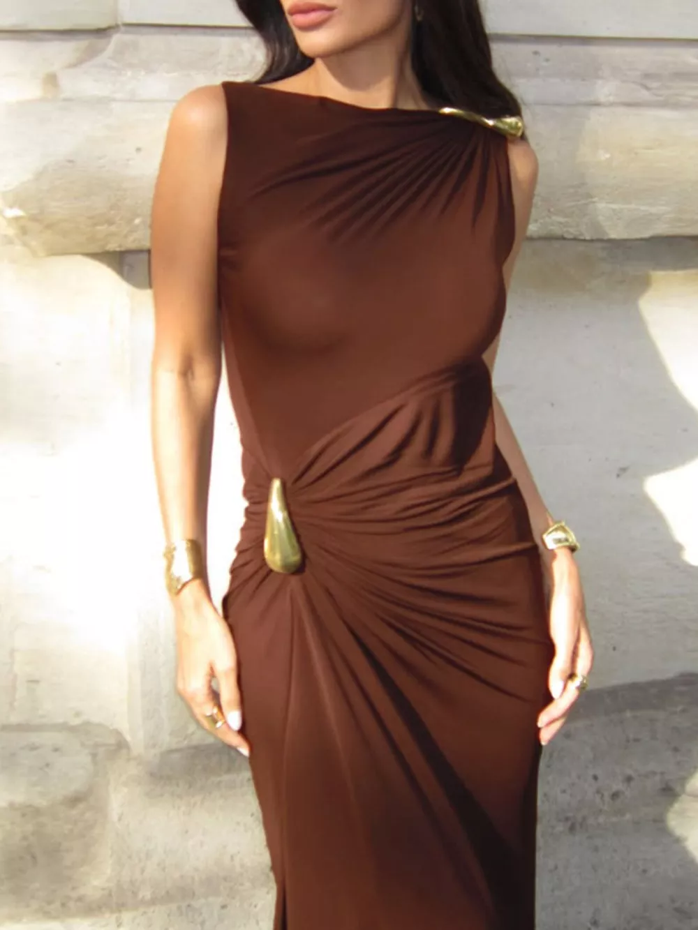 Draped Sleeveless Bodycon Maxi Dress with Metal Decorative, image 2
