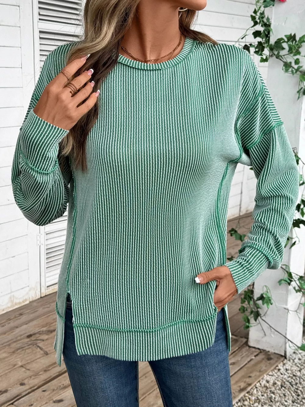 Side Slit Round Neck Sweatshirt, image 2