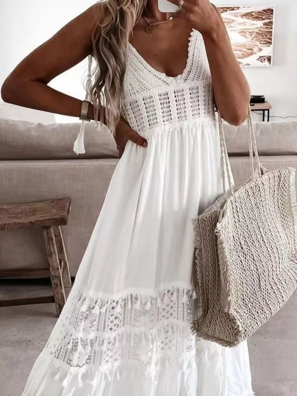 Full Size Bohemian Crochet Trimmed Cami Dress with Tassel Trim Plus Size, image 7