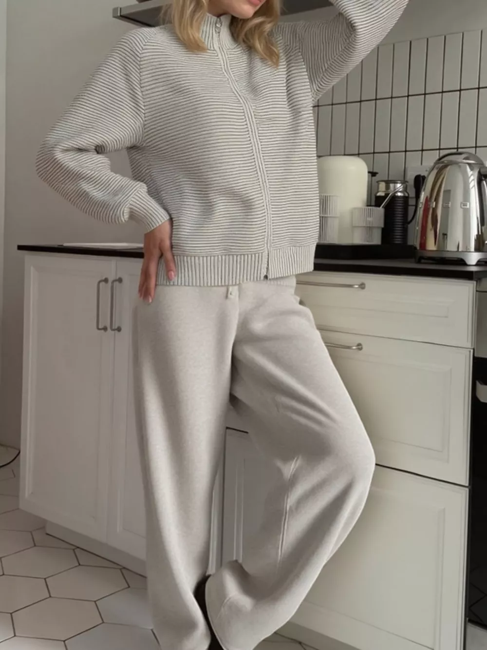 Casual Knit Zip-Up Cardigan and Wide-Leg Pants Set