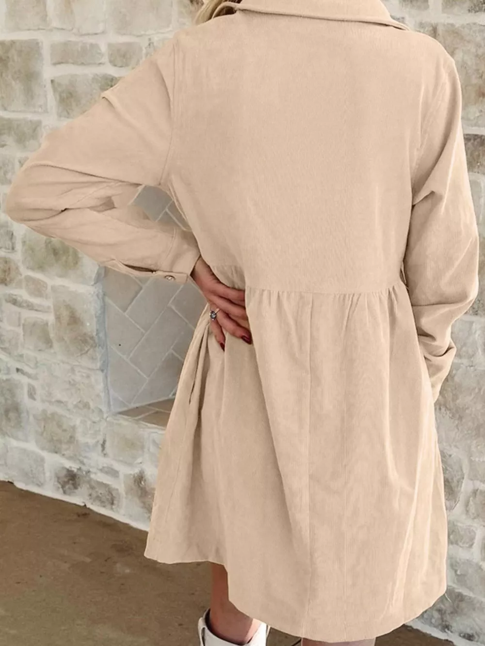 Corduroy Half Button Collared Long Sleeve Mini Dress, image 2