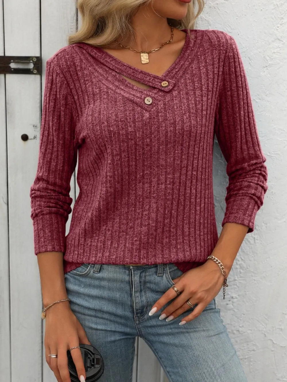 Ribbed V-Neck Long Sleeve T-Shirt, image 8