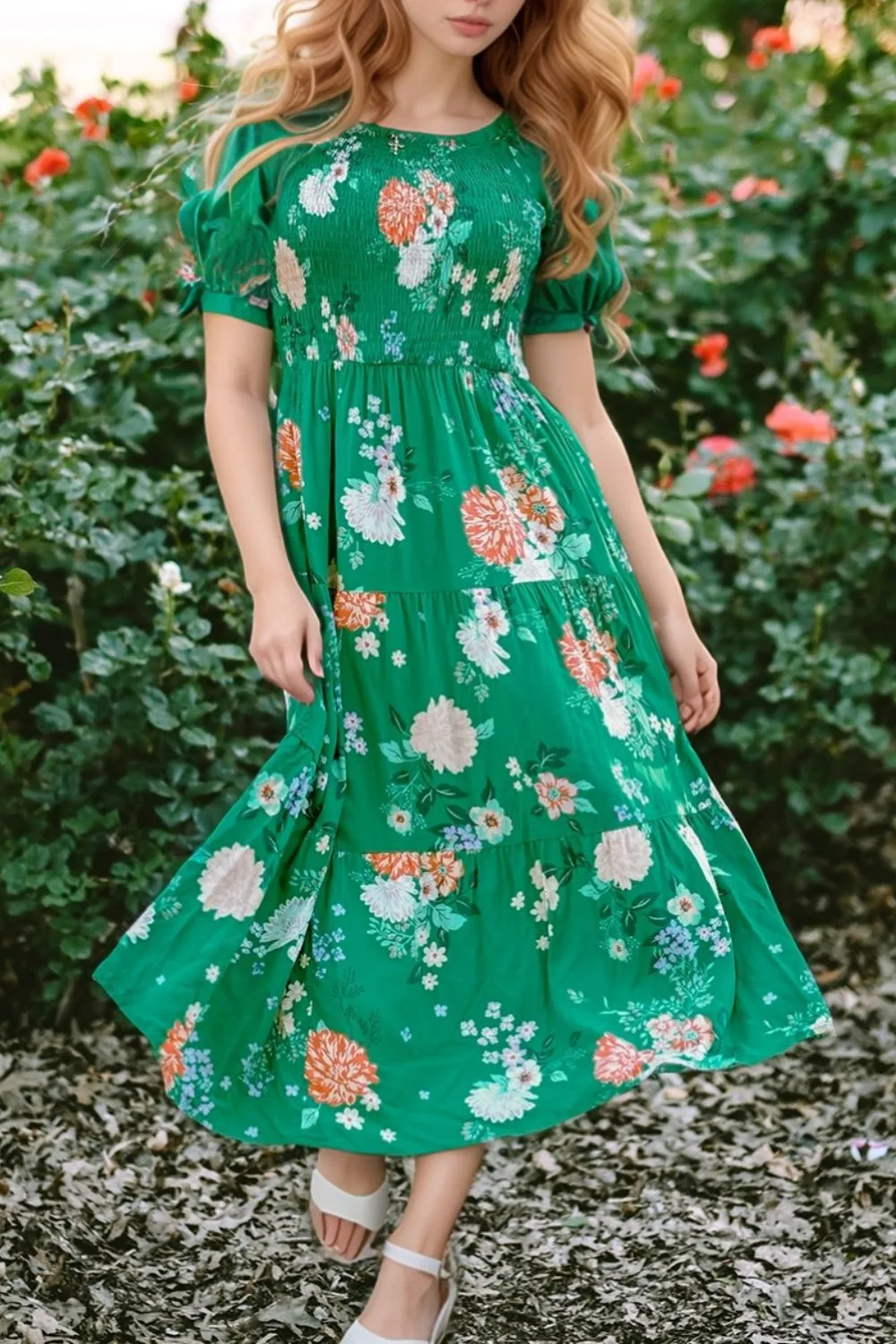 Floral Print Bubble Sleeve Smocked Tiered Midi Dress, image 3