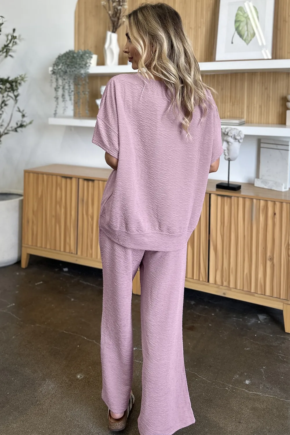 Full Size Texture Short Sleeve Top and Pants Set, image 3