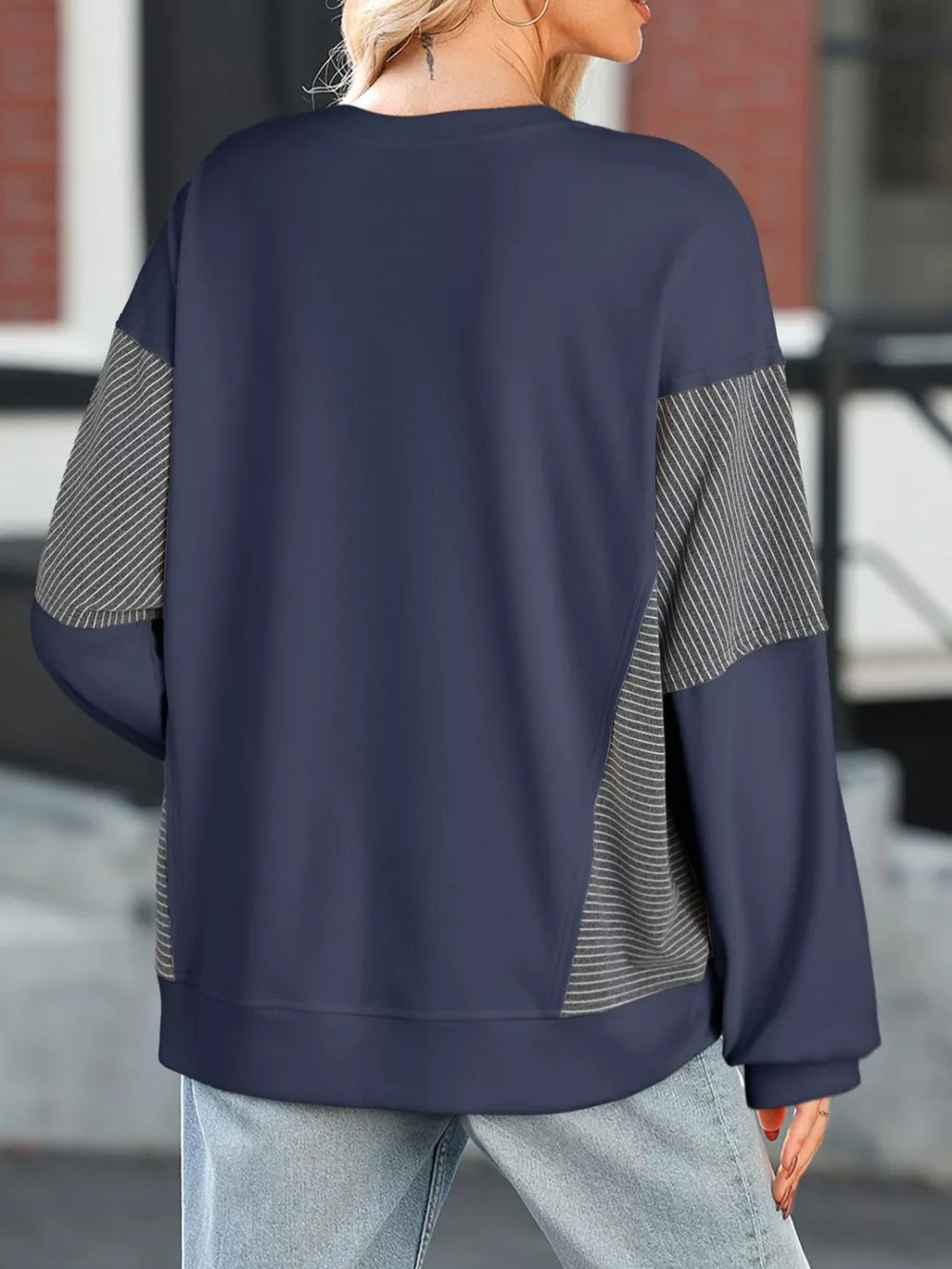 Color Block Striped Sleeve Casual Sweatshirt, image 19