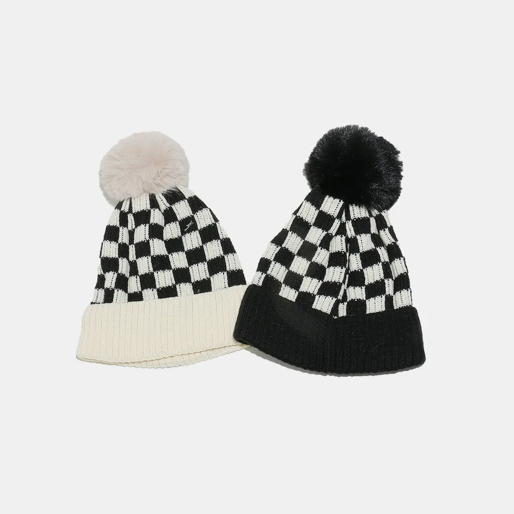 Checkered Knit Hat with Pompom, image 7