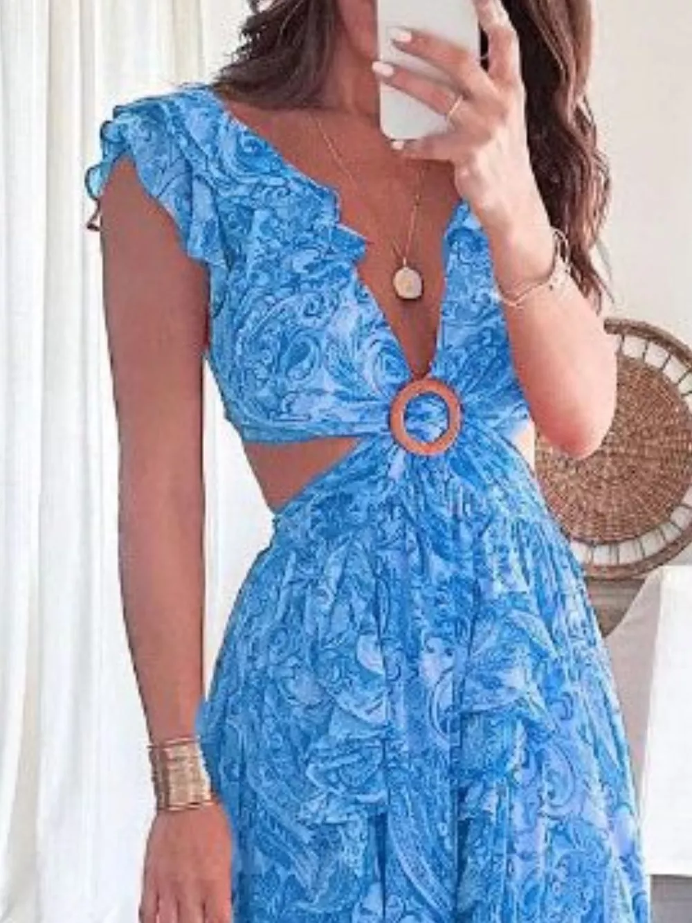 Full Size Ruffled Cutout V-Neck Maxi Dress Plus Size, image 3