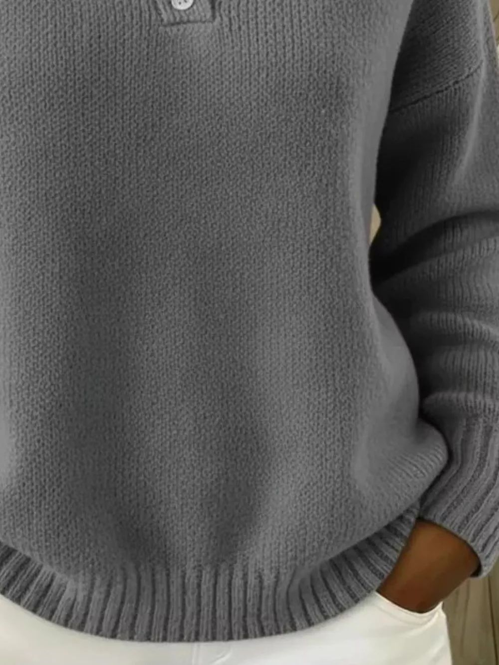 Full Size Button Detail Dropped Shoulder Sweater Plus Size, image 19